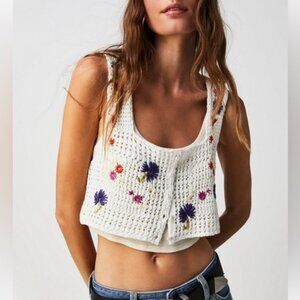 FREE PEOPLE Wildflowers Premium Crochet Crop Top White Size S